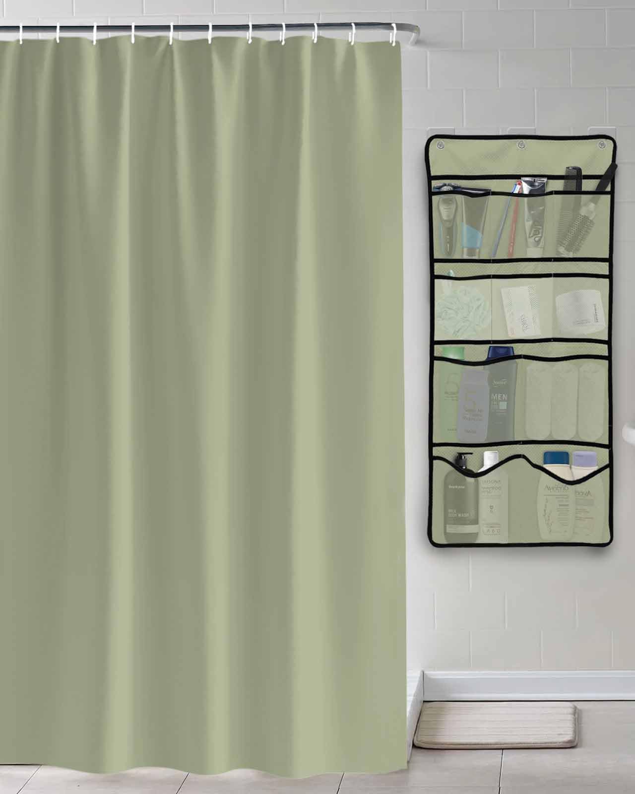 Shower Curtain Mesh Shower Organizer Hanging Set Soild Color Sage Green Waterproof Shower Curtains with 10 Pockets Quick