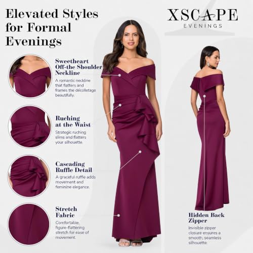 Image of Xscape Women's Long Off-the-Shoulder Sweetheart Neckline Formal Evening Gown with Ruching and Draped Ruffle Detail