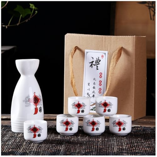 MIRUIKE Ensemble de 5 pièces à saké japonais en céramique, 1 carafe à saké, 4 tasses à saké, service à thé Soju (nœuds chinois)