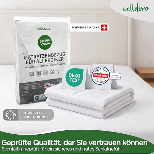 Welldora ǀ Premium Milbenbezug Matratzen 90x200x20 ǀ Fachärztlich getesteter Allergiker Matratzenschoner ǀ Anti Milben Bettwanzen Encasing mit Reissverschluss ǀ Allergiker Bettwäsche