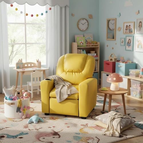 Image of Furnifact Marisa Yellow PU Leather Youth Recliner with Cupholder for Kids 142 inch Seat Height 14 inch Width 106 inch Depth Bright and Fun for a Warm Lifestyle