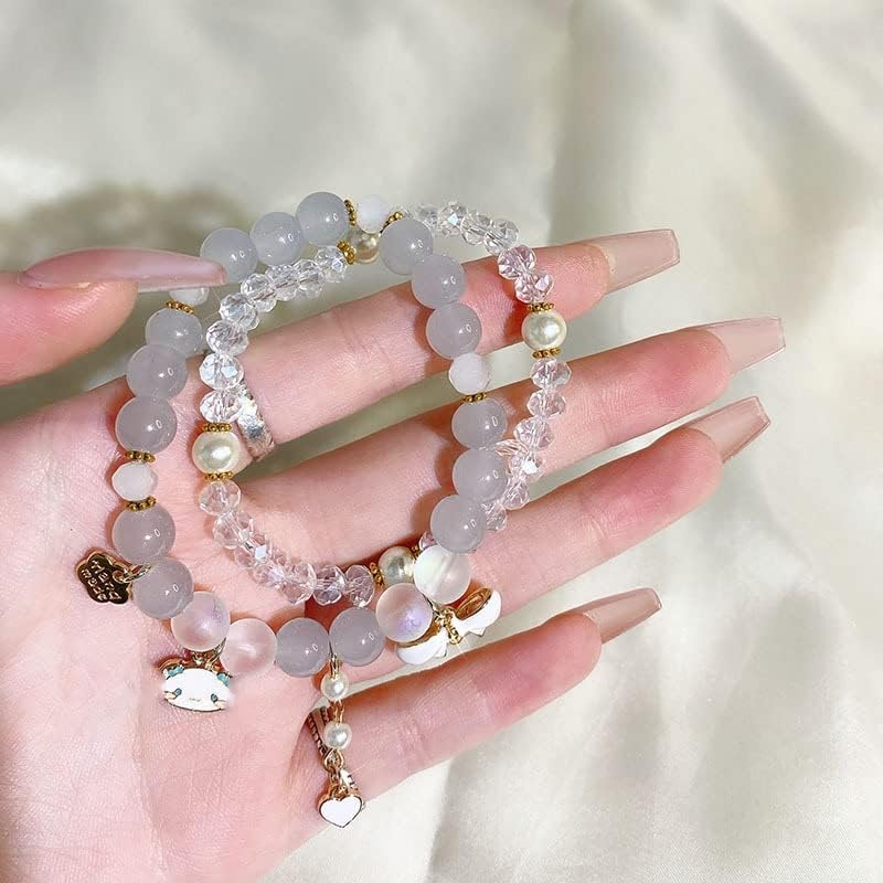 Image of Pingyongchang Elastic Cartoon Bracelets Crystal Beads Pearl Bracelets Cute Kawaii Adjustable Beaded Strand Bracelets for Women Girls Graduation Charm Bracelets Gift for Kids