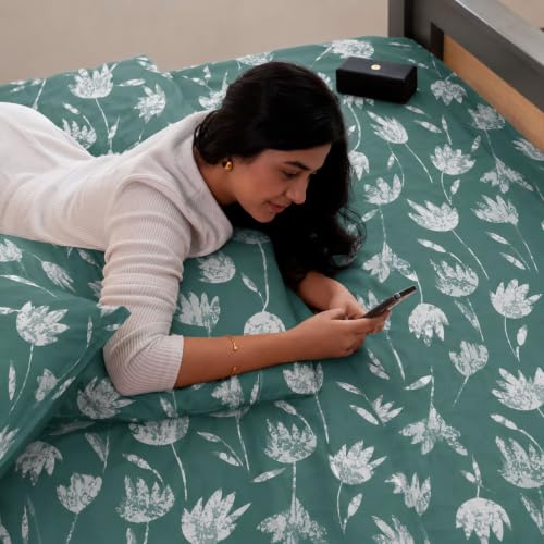 Image of Jaipur Weaves Cotton King Size Bedsheet 108x108 Super King, 100% Pure Cotton Bed Sheet with 2 Pillow Covers, 300 TC Soft Breathable Floral Design Bedding (Green Tulips, Super King)