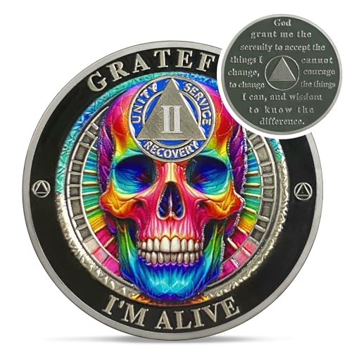 rainbow skull 2 year sobriety coin - grateful i39m alive aa coins - recovery addiction na aa chips and medallions - 1-10 years living clean narcotics alcoholics anonymous gifts for men women