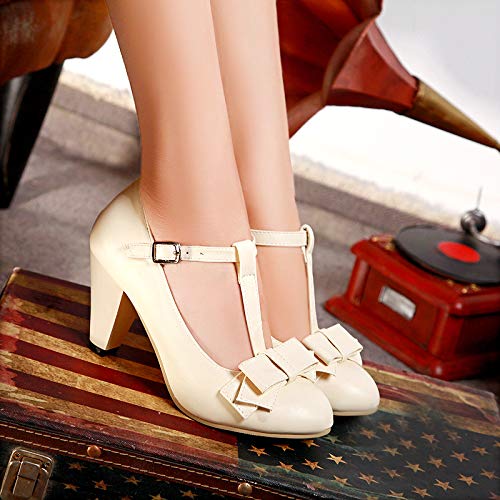 Image of Elbslutt Women's Cute Retro Rockabilly Shoes T Strap Mary Janes Heels Chunky Cosplay Shoes Sweet Block Heeled Bow Pumps