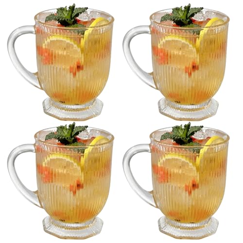 4 tazas de café de vidrio con asa, vasos de rayas transparentes de 480 ml para bebidas frías y calientes, café con leche, jugo, leche - vidrio sin plomo