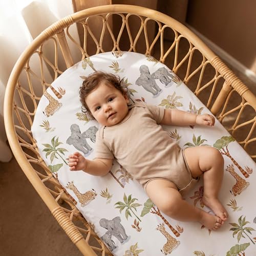 Image of Baby Bassinet Sheets for Boys & Girls, 3 Pack 32 inch x 16 inch Fitted Bassinet Mattress Sheets, Compatible with Halo Bassinet Swivel Sleeper, Oval Hourglass Rectangle Mattress, Brown Elephant