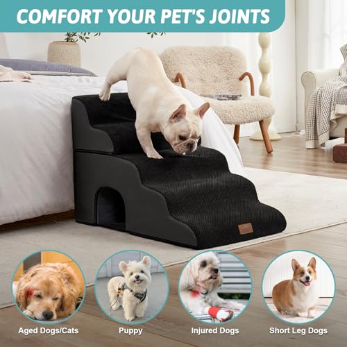 Image of COZY KISS Dog Stairs,with condo,22.4 inch H 5 Steps for Bed,Black | 5-step dog stairs and ramps for Old Cats, Puppy, Small Dogs,Non-Slip Base,for Couch & Bed,17.7x33x22.4