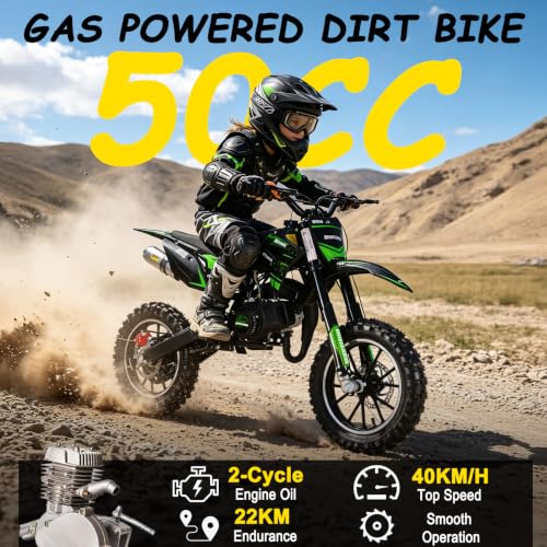 Image of 2026 New 50cc Dirt Bike for Kids 2-Stroke, Toddler Gas Powered Mini Bike with Front Rear Disc Brakes, Speeds up to 40KM /H, Gas Motorcycle for Children, Ideal Gifts for Boys Girls, Blue (Green)