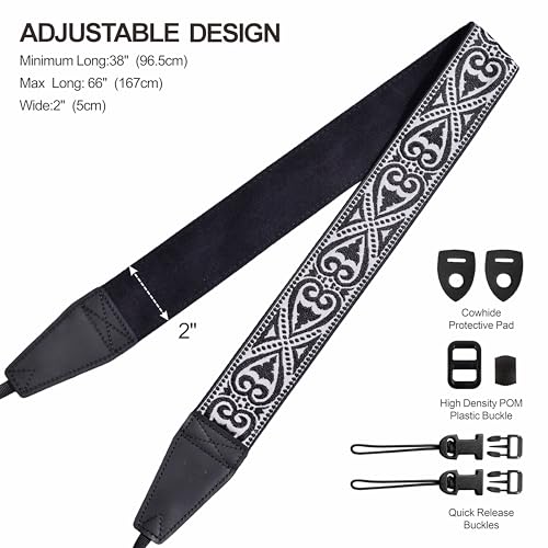 Image of Padwa Lifestyle Camera Strap - 2 inch Full Grain Leather Ends Camera Straps for Photographers, Vintage Silver Embroidered Cotton Weave Soft Suede Fabric Padded Strap Quick Release fits All Cameras