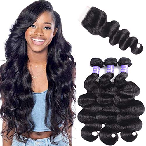 Jolia Hair Brazilian Body Wave 3 Bundles with Closure (14 16 18+12)- Low Maintain Cheap Hair Bundles- 8A 100% Human Hair Weave with 4x4 Swiss Lace Closure Free Parting Natural Black …