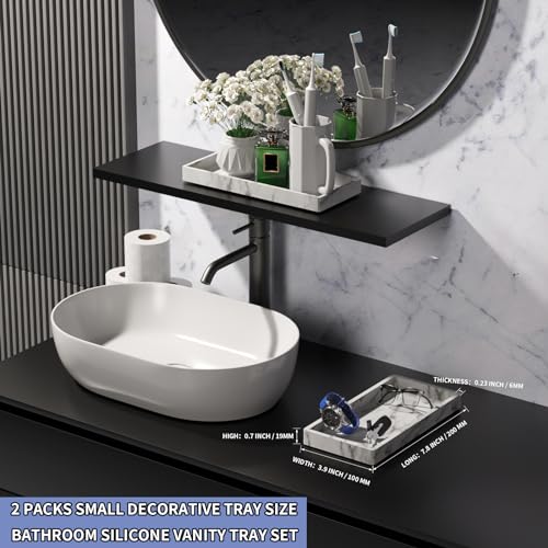 Image of BBK Bathroom Vanity Tray 7.8 in - 2 Pack(Small) Silicone Bathroom Tray for Counter, Perfume Key Trinket Ring Tray, Decor Soap Dispenser Countertop Tray for Kitchen Sink Organization (Faux Marble Look)
