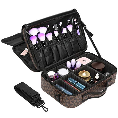 Travel Makeup Bag, Packism 2 Tier Waterproof PU Makeup Train Case Large Cosmetic Bag for Women, Portable Makeup Organizer Artist Storage Bag with Adjustable Dividers, Brown