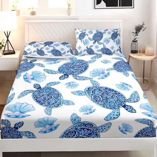 AILONEN Sea Turtle Fitted Sheet Set Twin XL Size, Blue Watercolour Turtle Soft Bedding Set for Kids Boys Room,Seashell Pearl Resistant Microfiber Sheets,1 Fitted Sheet 2 Pillowcases,3 PCS