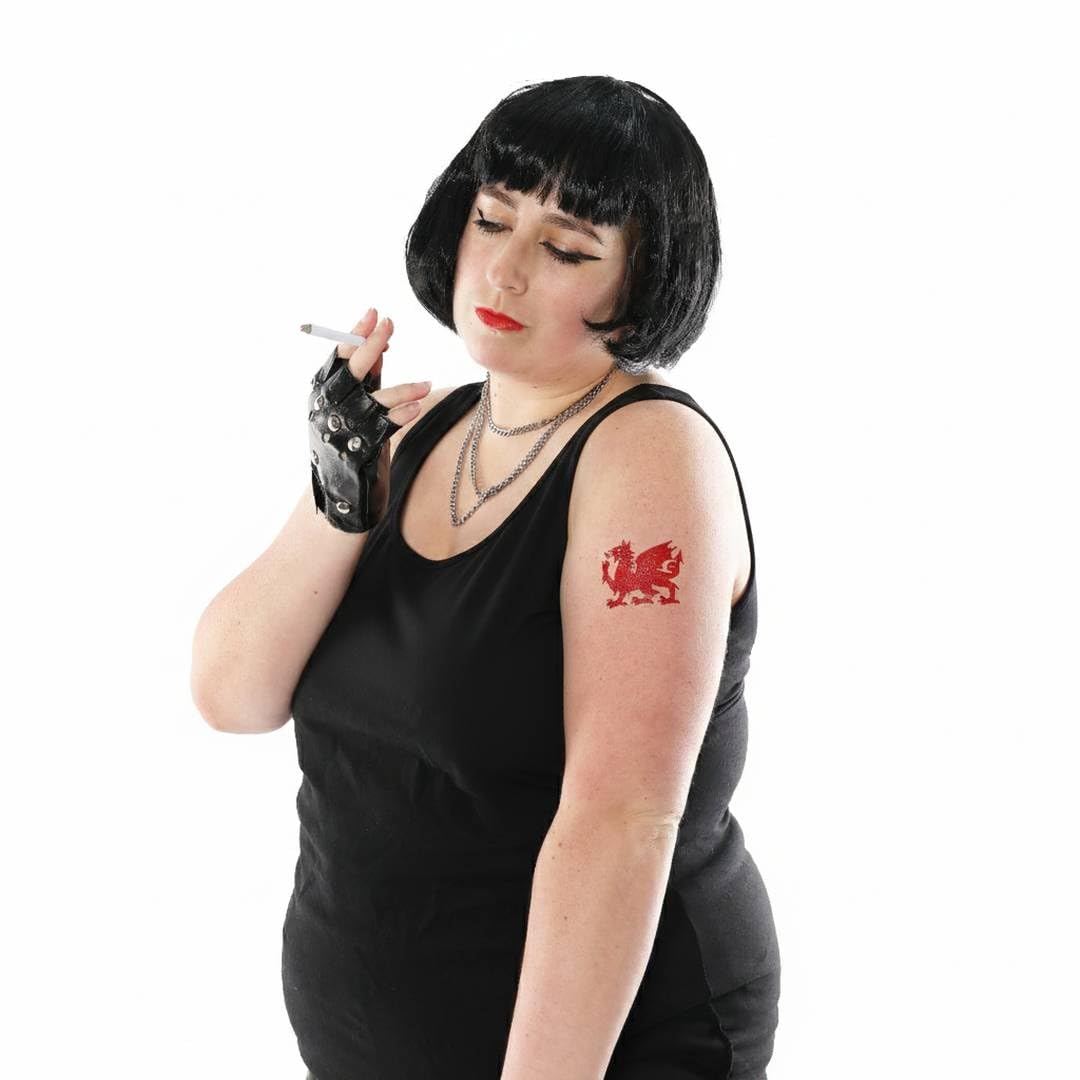 Welsh TV Show Character Costume Kit for Women - Black Vest, Bob Wig, Studded Gloves, Red Wales Dragon Tattoo & Fake Cigarettes - Funny British Sitcom Fancy Dress