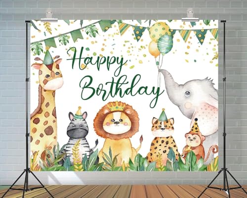 PEKRU 7x5ft Safari Jungle Animals Happy Birthday Backdrop Tropical Leaves Decor Banner Backdrop for Boy and Girl Birthday Baby Shower Decoration Photography Props by PEKRU - Image 2