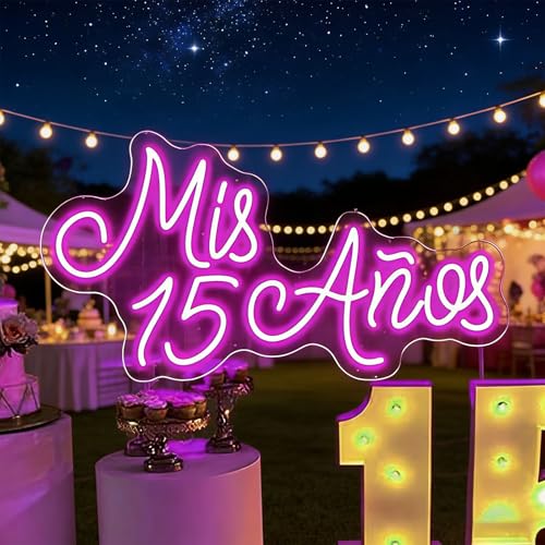 Image of XIMAQIS- Mis 15 Anos Neon Sign for Wall Decor, Custom 15th Birthday Party Led Neon Light, Mis Quince Party Decor, Sweet 15 Quinceanera Party Sign,Gifts - for Her USB Powered Size:19.5x10inch (Pink)