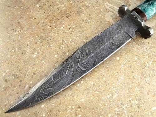 Damascus Steel Handmade Bowie Knife,15" Color Bone Handle Hunting Knife, Large Bowie Knife, Dundee Knife,Damascus Bowie Knife With Leather Sheath