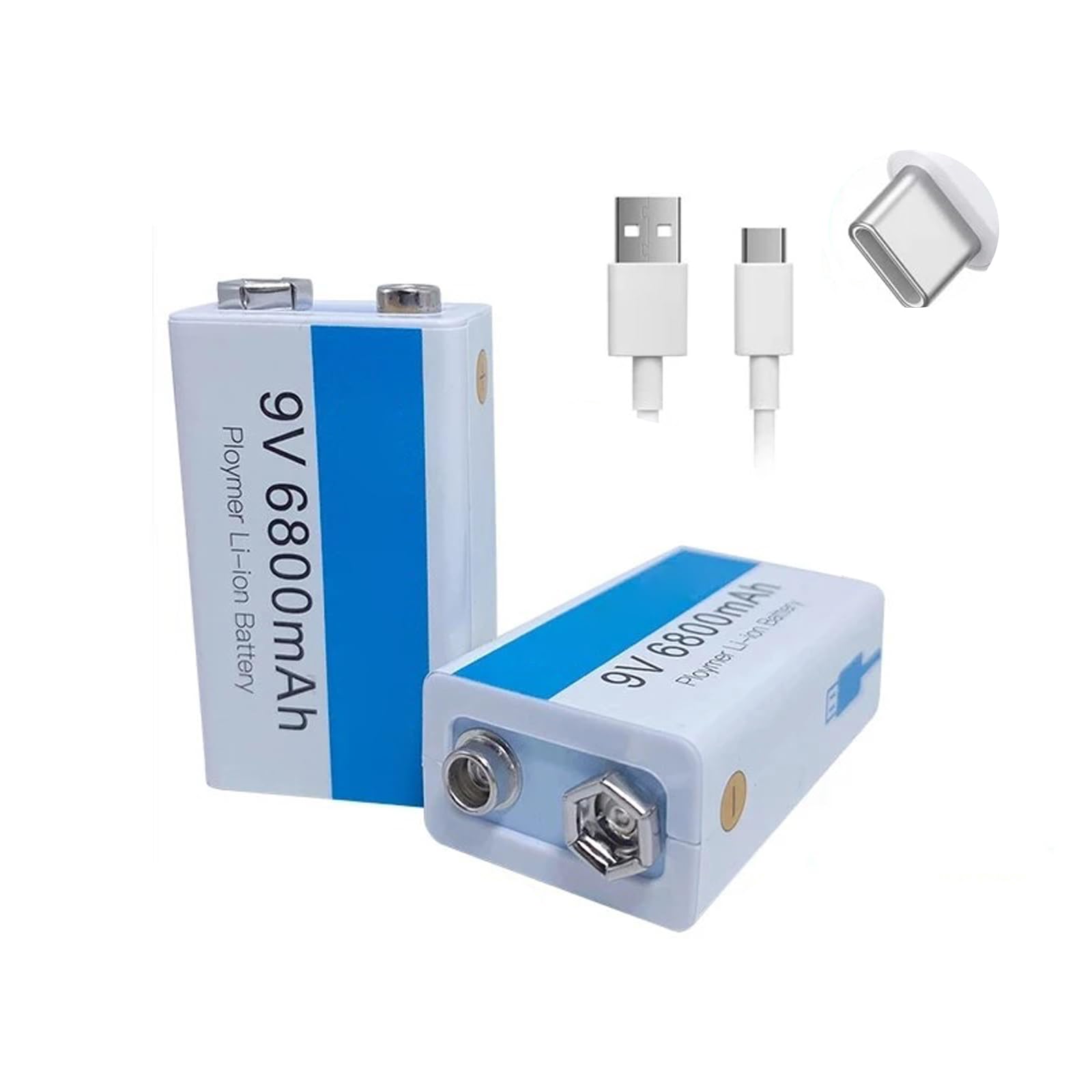 9V Rechargeable Battery Pack 6800mAh 9 Volt Li-ion Battery with Type-C USB Charging Port for Alarms/Wireless Microphones/Toys/Keyboard & More,2pcs 9v6800mah