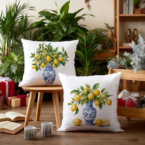 Image of Blue and White Chinoiserie Lemon Pillow Covers 18x18 Double-Sided Set of 4, Grandmillennial Amalfi Coast Citrus Decorative Throw Pillow Covers for Home Living Room Bedroom