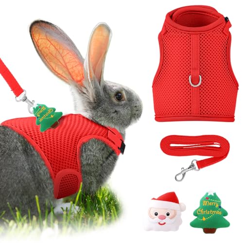 Image of Easter Bunny Costume Rabbit Harness and Leash Set with 2 Cute Decorations Bunny Clothes Adjustable Buckle Breathable Mesh Vest Harness for Rabbits Ferret Small Pig Puppy(Red,Tree)
