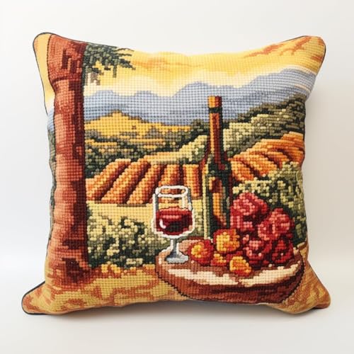 JUYIYUANFUZH Kit De Gancho De Pestillo De CojíN Kit Ganchillo Juego De Cojines De Anudado Paisaje De Vino Y Naturaleza Kits De Gancho De Pestillo Para Adultos 43 X 43 Cm