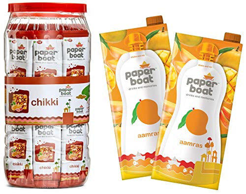 Image of Paper Boat Chikki Jar, Peanut Bar, No Added Preservatives and Colours (50 Pieces, 16g Each), Paper Boat Aamras, Mango Fruit Juice, No Added Preservatives and Colours (Pack of 2, 1L Each)