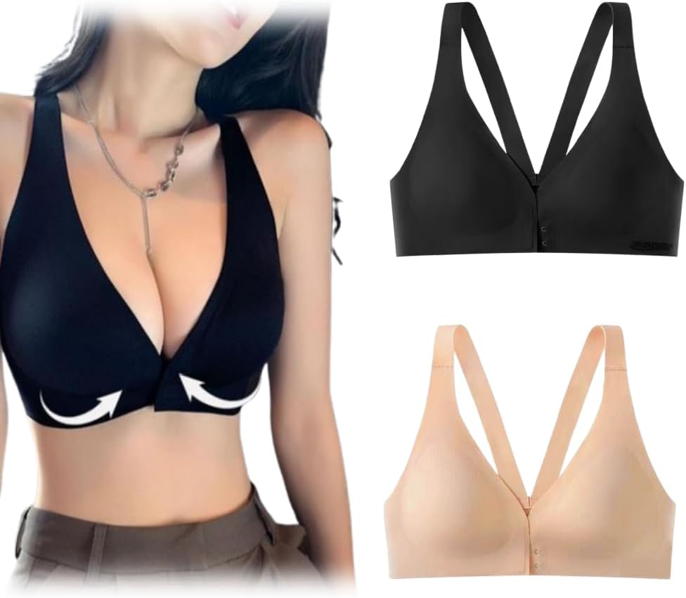 Deep V Minimizer Front Closure Push-Up Wireless Bra Wireless Push Up Bras for Women Removable Padding Natural Lift