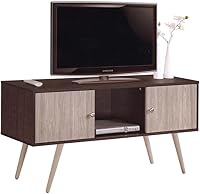 Vista 6 de Hodedah Soporte de TV de estilo retro con dos puertas de almacenamiento y patas de madera maciza, color blanco