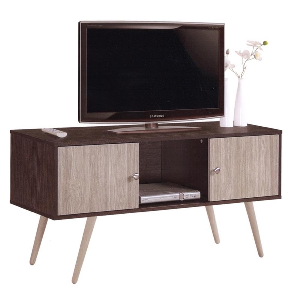 Hodedah Retro Style TV Stand with Two Storage Doors, and Solid Wood Legs, Chocolate