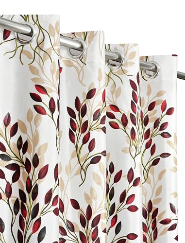 DEVSANG Polyester Leaves Print Eyelet Curtains 5 feet Long Set of 2, Maroon