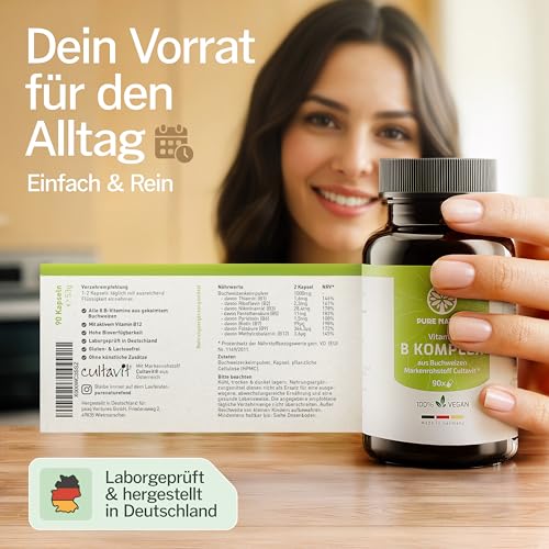 Vitamin B Komplex hochdosiert rein aus Buchweizen I 1000 mg Tagesdosis 8in1 B Vitamine I 90 Kapseln I Höchste Bioverfügbarkeit I Alle B-Vitamine I mit B12 Vitamin OHNE Zusätze