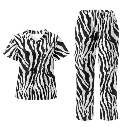 Jndtueit Black White Zebra Stripes Women's Nursing Scrub Set, V-Neck Top & Straight Leg Pants with Pockets, Soft Medical Uniform