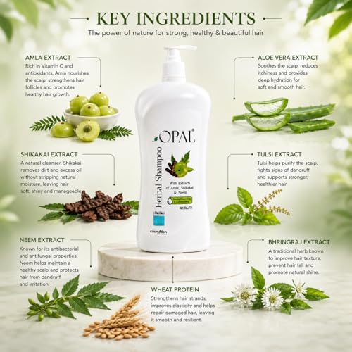 Image of OPAL Herbal Hair Shampoo 1 Litre with Amla, Shikakai & Neem | Paraben Free Shampoo for frizzy and dry hair| Helpful for Hair Growth & Hair fall Control| Herbal Shampoo for Men & Women