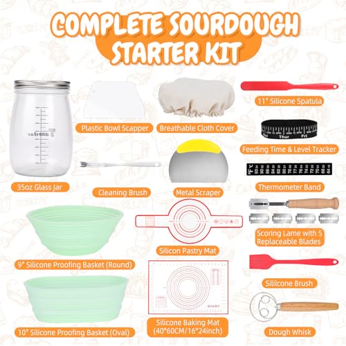 Complete Sourdough Bread Starter Kit with 35OZ Jar, All-in-One Sourdough Starter Kit, 2 Silicone Proofing Baskets, Non-Stick Baking Mat & 15-Piece Baking Tools Set - Includes Dough Scraper, Lid & More - Image 3