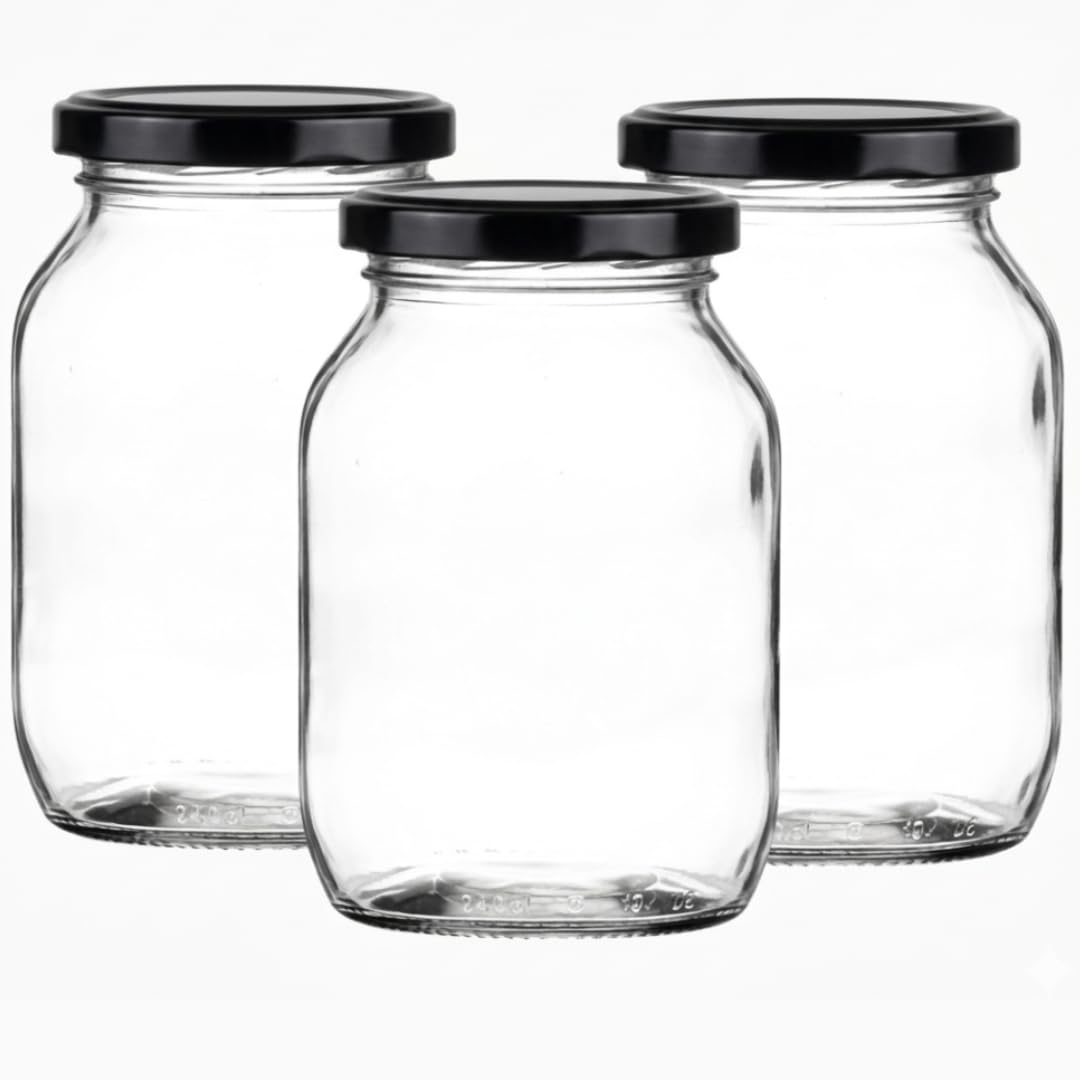 Half Gallon Glass Pickle & Fermenting Jar (2.27L) | Packs of 3-100 with Gold, Black or Silver Twist-Off Lids | Large Airtight Preserve Jars | J&B (3, black)