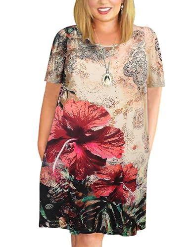 Image of Kancystore Women's Plus Size Summer Dresses Short Sleeve Casual T-Shirt Swing Dress with Pockets