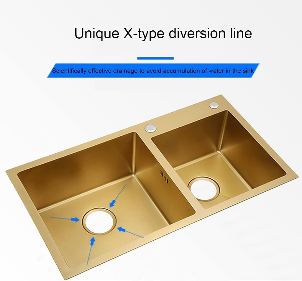 Brushed Gold Double Bowls Large Gold Square 304 Stainless Steel Sink with Drain Pipe Drop-in (Gold 80×45×22cm) (Gold 80×45×22cm)