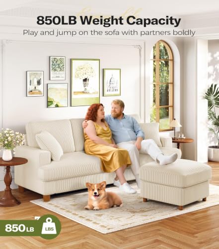Image of Kidirect 87in Corduroy Couch, 3 Seater Sofa, Sofas & Couches, Beige Couch | No Tool Assembly, Comfy Couches for Living Room, Oversized Loveseat Sofa, 21in Deeper Seat, Sofas for LIving Room & 2 Pillows