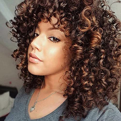 YEESHEDO Afro Curly Wig with Bangs Dark Brown Mixed Blonde Wigs Kinky Curly Brown Highlights Heat Resistant Synthetic Shoulder Length Wig for Women Full Wigs for Daily Cosplay Halloween - Image 2