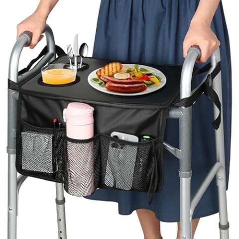 HOOMTREE Walker Tray for Folding Walker, Trays for Walkers for Seniors Detachable with Cup Holder,Walker Trays for Rolling Folding Walker,Walker Accessories for Elderly (Black with Pockets 2.0) Cover