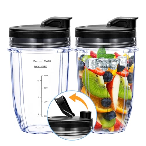 Replacement 18oz Blender Cup with Sip & Seal Lid For Nutri Ninja BL450 BL456 BL480 BL482 BL640 BL642 BL682 BN401 BN751 BN801 Foodi SS101 SS151 SS351 SS401 SS400 Ninja Blender Auto IQ Blade, 2-Pack
