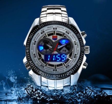 TVG Stainless Steel White Men's Clock Fashion Blue Binary LED Pointer Mens Waterproof Watches
