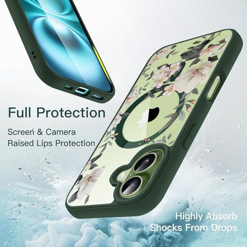 Image of VONZEE Back Cover Case Compatible with iPhone 17, Luxury Retro Flowers Floral Clear for Magnetic Wireless Charging Case Shockproof PC+TPU Cute Glossy Shiny Cover for Girls Women, 6.3'' Green