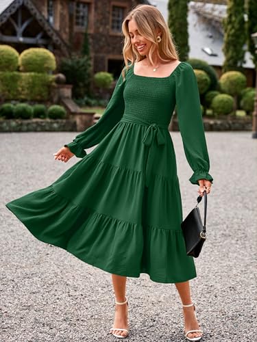 Image of Simplee Womens Long Sleeve Maxi Dress Casual Square Neck Smocked Flowy Fall Wedding Guest Dresses