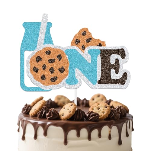Milk and Cookies One Cake Topper, Happy 1st Birthday Cake Topper, Baby Shower Cookies theme Party Decorations, Can't Have One Without The Other One Sweet Cookie Birthday Party Supplies Blue by Hzbcxs - Used condition - US$8.07