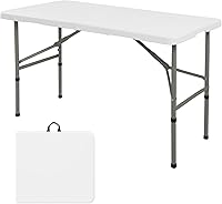 HAISIWLKJ 4FT Folding Camping Table - Portable Heavy Duty Plastic Outdoor Table w/ Steel Legs, Fold-in-Half Handle, White