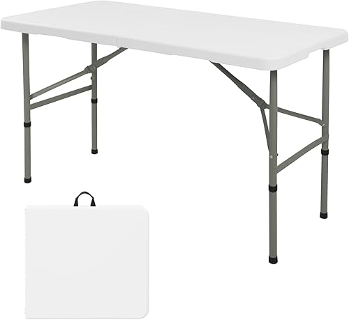 Mesa plegable de 4 pies, mesa de camping portátil de plástico resistente, rectangular, mesa de comedor al aire libre, patas de acero plegable por la