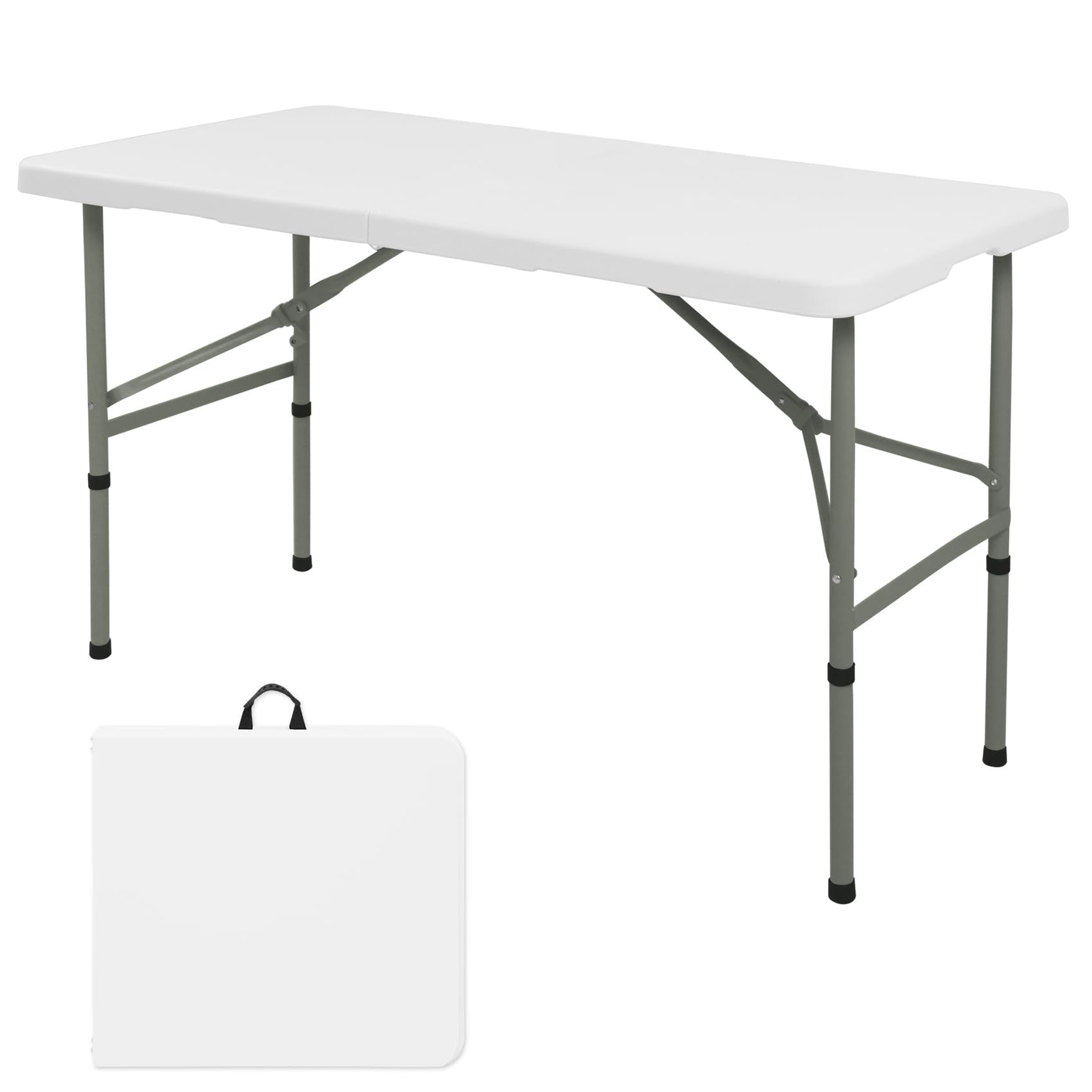 Folding Table 4FT Camping Table Portable Heavy Duty Plastic Rectangular Outdoor Dining Table Steel Legs Fold-in-Half with Carrying Handle for Indoor,Picnic,Party,Wedding,Events(White)