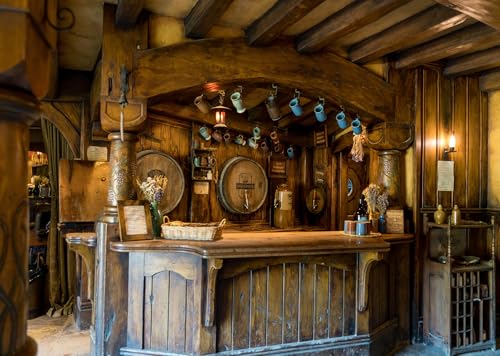Loccor 10x6.5ft Fabric Vintage Hobbiton Tavern Backdrop Medieval Rustic Bar Cabin Interior Wooden Counter Background for Hobbit Theme Party Decorations for Lord of Ring Fans Decorations Photo Props